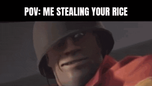 a soldier from team fortress 2 is wearing a helmet and a red jacket .