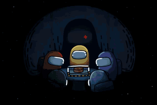 a group of among us characters sitting around a table with a red button in the middle
