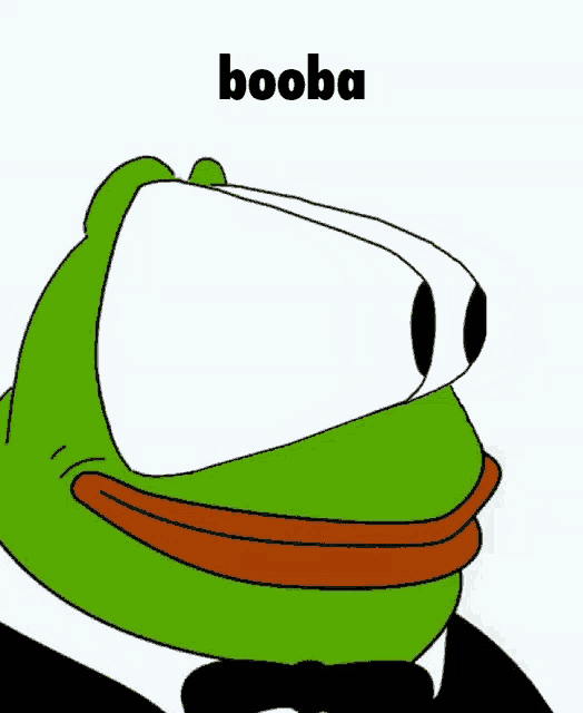 a green frog in a tuxedo with the word booba written above it