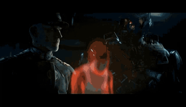 two soldiers are standing next to each other with a red light coming out of their chests