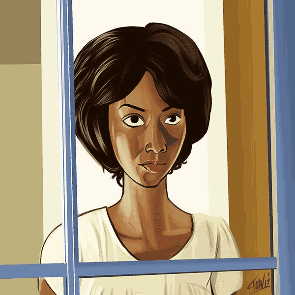 a drawing of a woman looking out of a window with a watermark that says ' tanig '