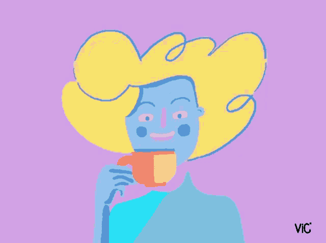 a drawing of a woman drinking from a cup with the letters vic on the bottom right