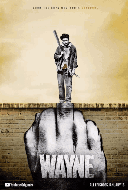 a movie poster for wayne shows a man holding a baseball bat