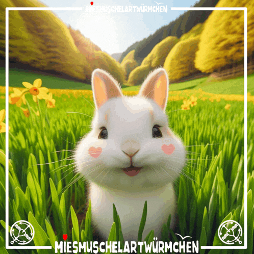 a white rabbit in a field with the words miesmuschelartwurmchen on the bottom right