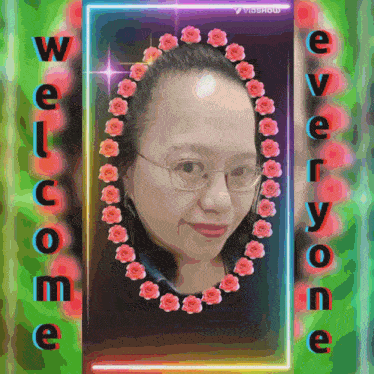 a picture of a woman with roses around her head and the words welcome everybody