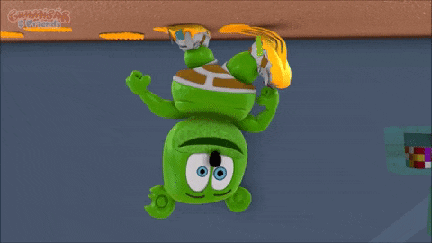 a green gummy bear is upside down with the words gummy 's superfriends on the bottom