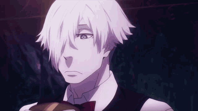 a man with white hair is wearing a bow tie and vest