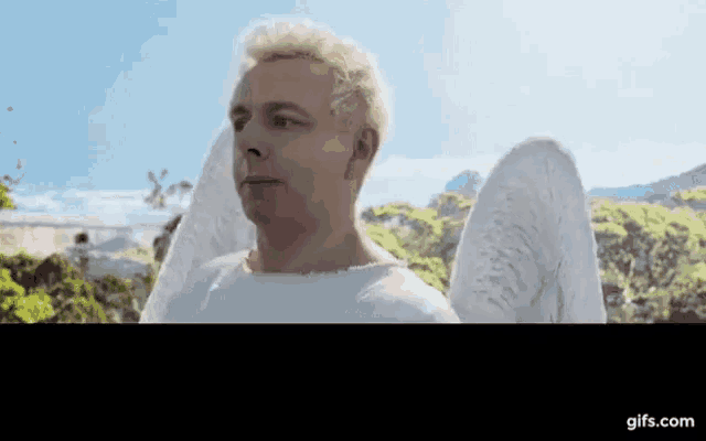 a man with angel wings is standing in front of trees