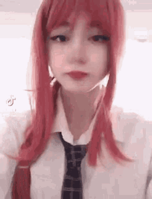 a girl with red hair and a tie is wearing a wig .
