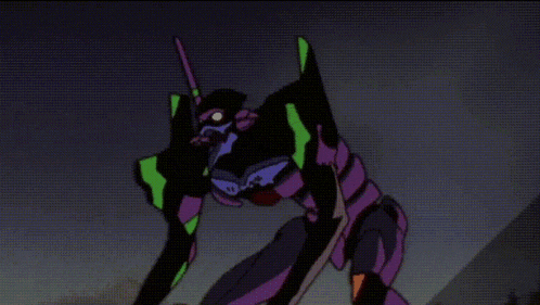 a purple robot with green wings is holding a spear