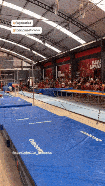 a gym with a trampoline and a blue mat that says ' o'neill ' on it
