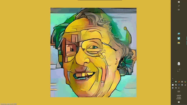 a computer screen shows a painting of a smiling man