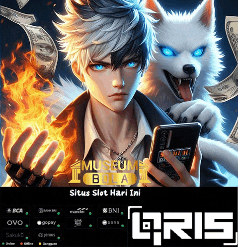 a man holding a cell phone next to a white wolf with blue eyes