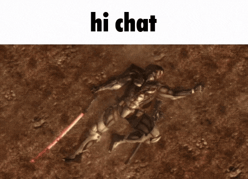 a video game character is laying on the ground with the words hi chat written on the bottom