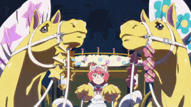 a girl in a maid costume is standing between two horses .