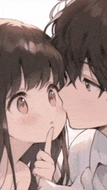 a boy and a girl are kissing and the girl is holding her finger to her lips .