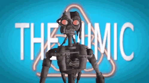 a robot is standing in front of a sign that says " the atomic "