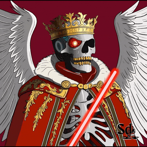 a drawing of a skeleton wearing a crown and wings holding a red light saber