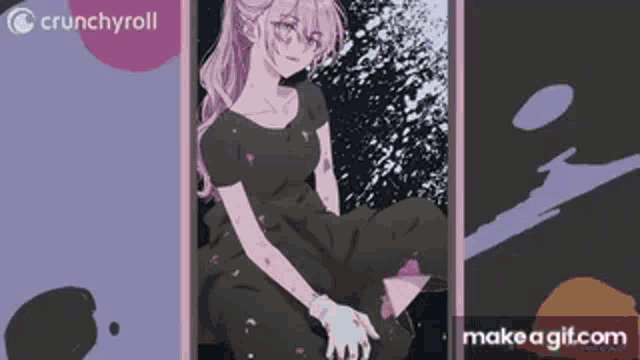 a girl in a black dress is sitting on a purple background .