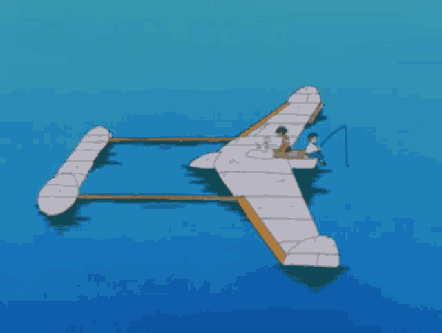 a cartoon drawing of two people fishing in a small plane
