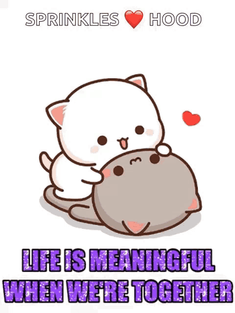 a cartoon of a cat hugging another cat with the words " life is meaningful when we 're together " on the bottom