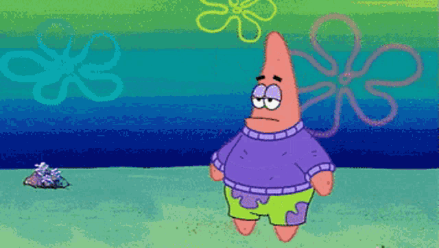 patrick star from spongebob is wearing a purple sweater and shorts