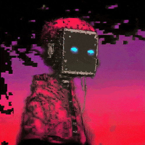 a painting of a robot with blue eyes on a purple background