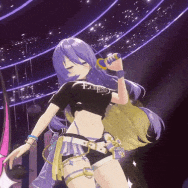 a purple haired anime girl is singing into a microphone and wearing a black shirt that says " ecstasy "