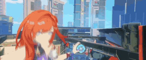 a girl with red hair is standing in front of a futuristic city .