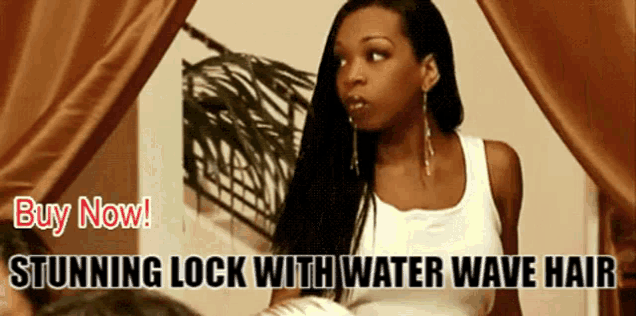 a woman in a white tank top with the words buy now stunning lock with water wave hair written below her