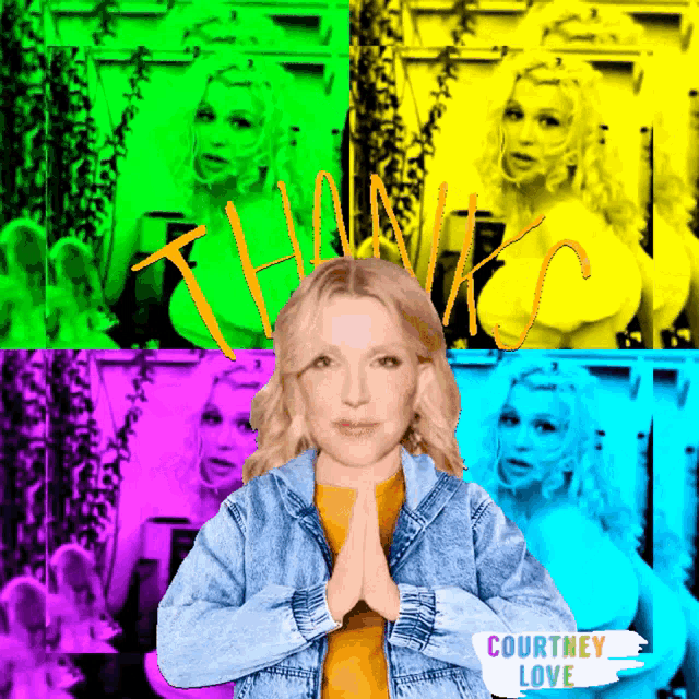 a woman with her hands folded in front of a colorful background with the words courtney love