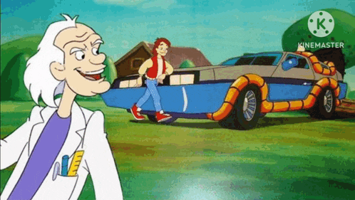 a cartoon of a man standing next to a blue car with a snake on the back .