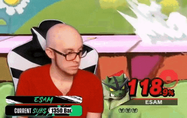 a bald man wearing glasses and a red shirt is playing a video game called smash bros