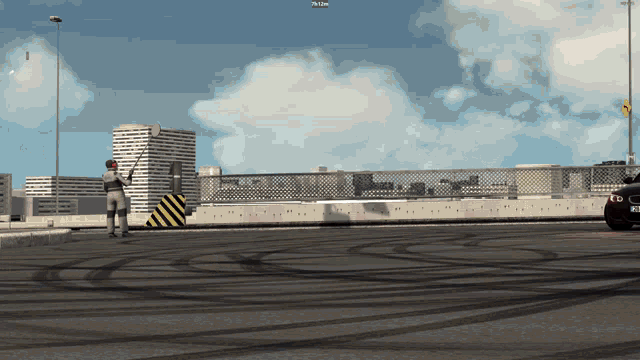 a screenshot of a video game shows a man holding a gun in a parking lot with a bmw parked in the background