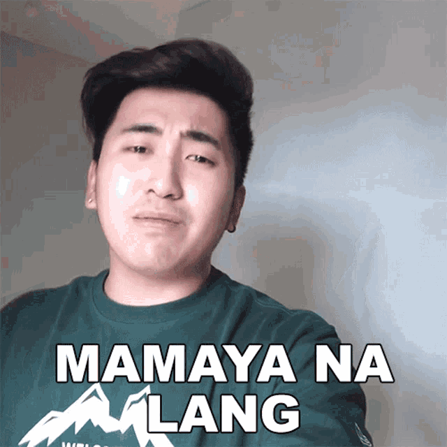 a man wearing a green shirt with mountains on it says mamaya na lang
