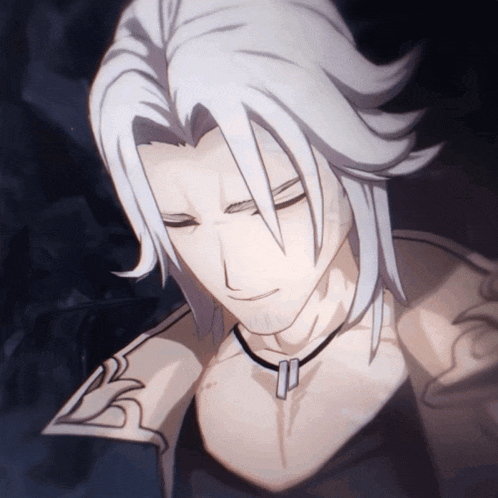 a man with white hair and a black necklace