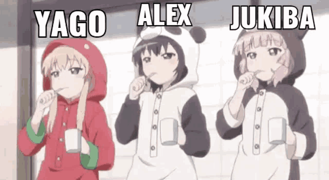 three anime girls in panda costumes are brushing their teeth .