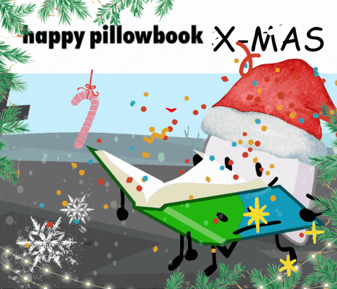 a happy pillowbook xmas poster with a candy cane and a book