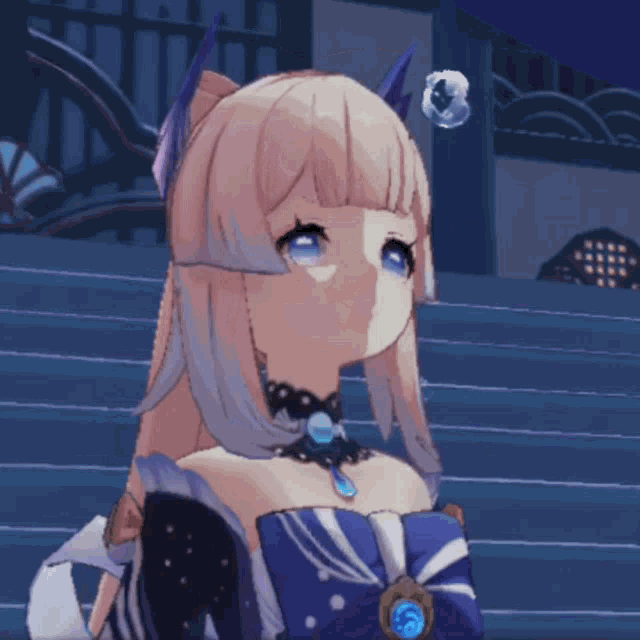 a girl with pink hair and blue eyes is wearing a blue and white dress