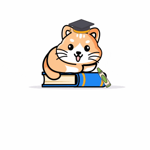 a cat with a graduation cap sleeping on a book with the words abc kitty loves learni below it
