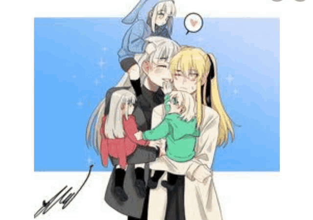 a woman is holding a child in her arms while standing next to another woman and two children .