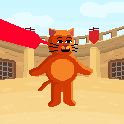 a pixel art illustration of a cat standing in a arena