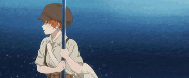 a boy with red hair is holding a fishing rod in front of a body of water