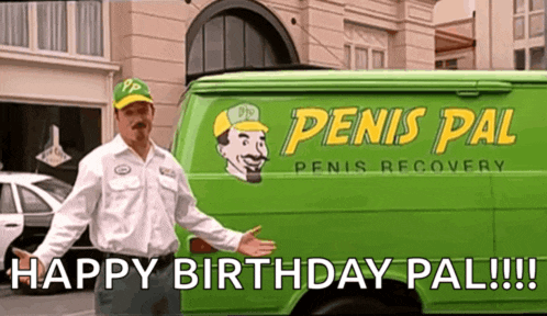 a man stands in front of a green penis pal van
