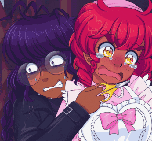 a girl with red hair is crying while another girl with purple hair looks on