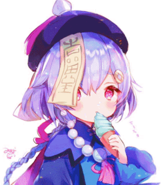 a girl with purple hair is eating a ice cream cone