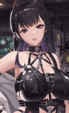 a girl with purple hair is wearing a choker and chains