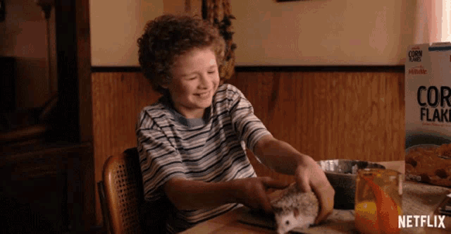 a young boy is playing with a hedgehog in front of a box of corn flakes