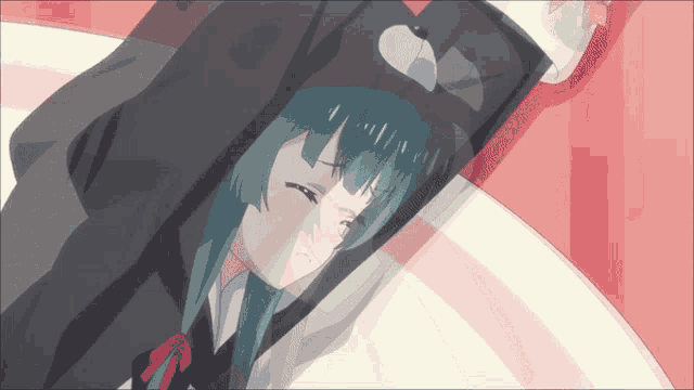 a girl with green hair is wearing a black hoodie with a bear on it