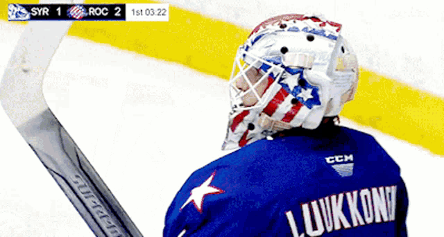 a hockey player wearing a blue jersey with the name luukkoni on it